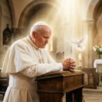 Obraz przedstawiający Jana Pawła II modlącego się w kościele ze złożonymi rękami i zamkniętymi oczami, za nim intensywne światło padające z sufitu oświetla scenę, a wokół lata biała gołębica