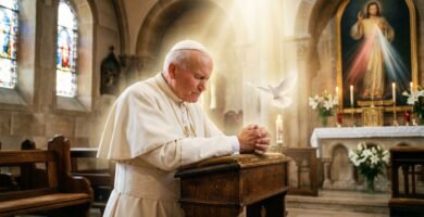 Obraz przedstawiający Jana Pawła II modlącego się w kościele ze złożonymi rękami i zamkniętymi oczami, za nim intensywne światło padające z sufitu oświetla scenę, a wokół lata biała gołębica