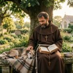 Obraz przedstawiający św. Franciszka z Asyżu siedzącego na ławce obok chorego psa, na tle pięknego ogrodu