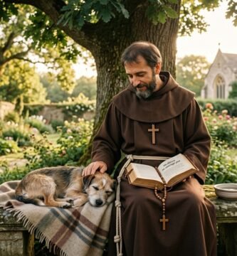 Obraz przedstawiający św. Franciszka z Asyżu siedzącego na ławce obok chorego psa, na tle pięknego ogrodu