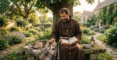 Obraz przedstawiający św. Franciszka z Asyżu siedzącego na ławce obok chorego psa, na tle pięknego ogrodu