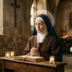 Obraz przedstawiający młodą kobietę ubraną w strój zakonnicy, modlącą się samotnie w kościele z zamkniętymi oczami przed otwartą Biblią i zapalonymi świecami