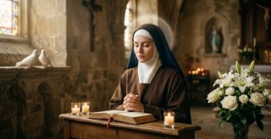 Obraz przedstawiający młodą kobietę ubraną w strój zakonnicy, modlącą się samotnie w kościele z zamkniętymi oczami przed otwartą Biblią i zapalonymi świecami