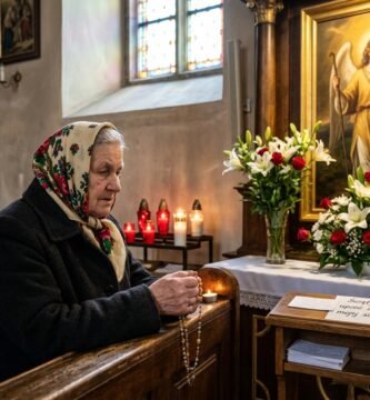 Obraz starszej kobiety modlącej się w kościele, obok niej mały postument z wizerunkiem archaniołów, otoczony białymi kwiatami i świecami