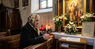 Obraz starszej kobiety modlącej się w kościele, obok niej mały postument z wizerunkiem archaniołów, otoczony białymi kwiatami i świecami