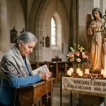 Obraz starszej kobiety z różańcem w dłoniach, modlącej się w pustym kościele obok figury św. Rafała Archanioła