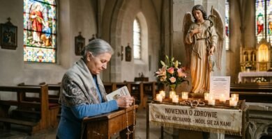 Obraz starszej kobiety z różańcem w dłoniach, modlącej się w pustym kościele obok figury św. Rafała Archanioła